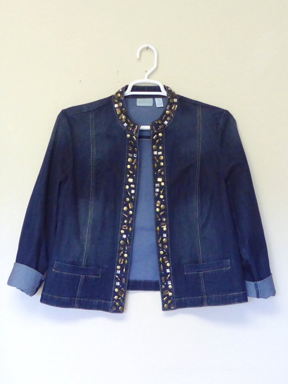 Chico's antique brass clear silver gold rhinestone denim jacket size 3 / XL